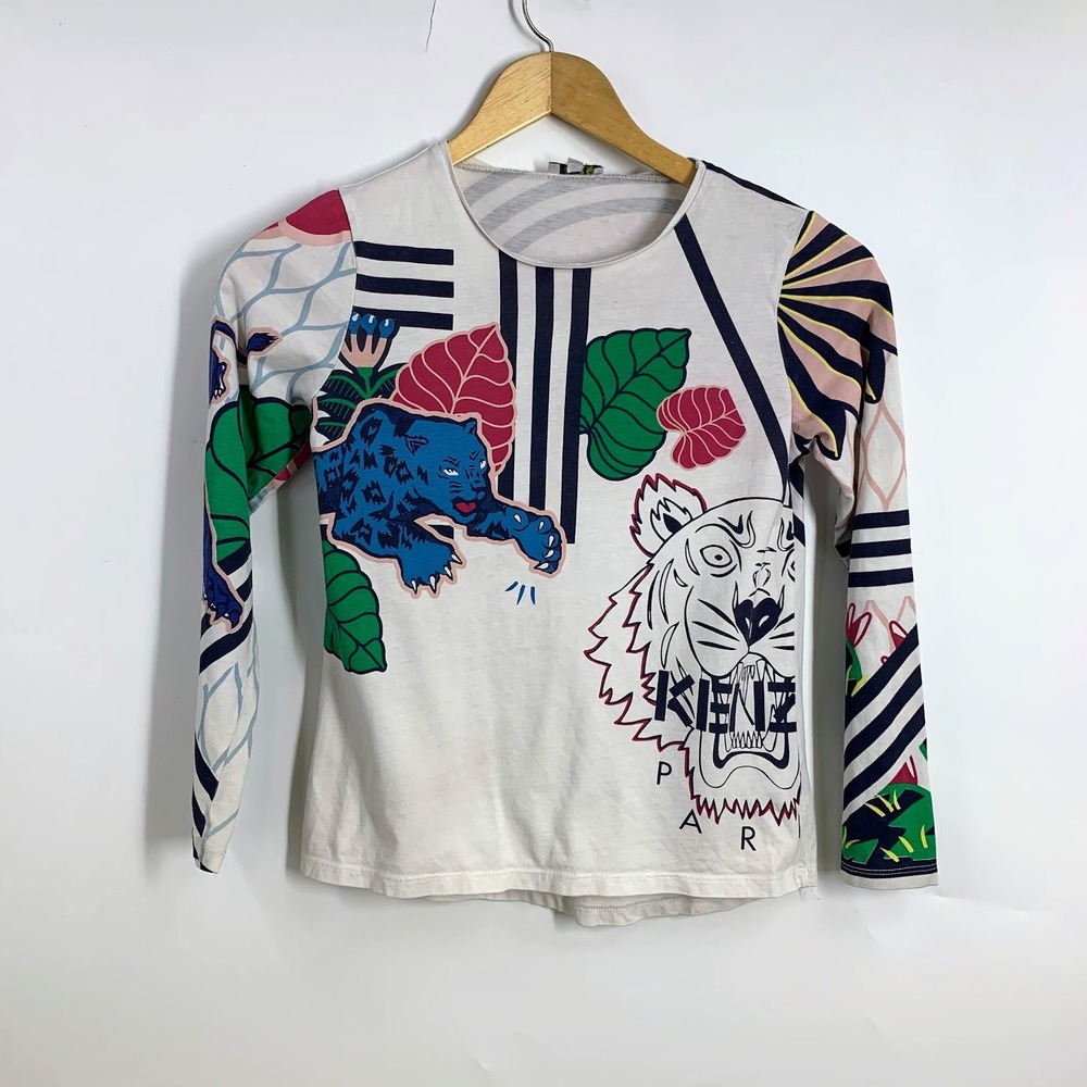 KENZO Kids Long Sleeve T Shirt White‎ Blue Tiger Paris Print Cotton Youth S M